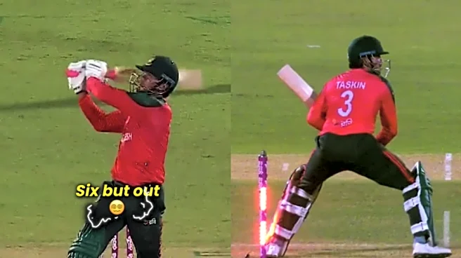 [WATCH] BAN vs WI: Taskin Ahmed in disbelief upon getting hit wicket after smashing six on same ball