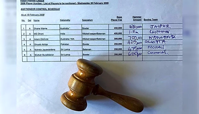 Picture shows gavel, auction sheet from inaugural IPL auction