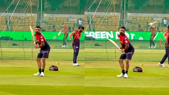 [WATCH] Virat Kohli mimics Romario Shepherd’s batting style during RCB training session