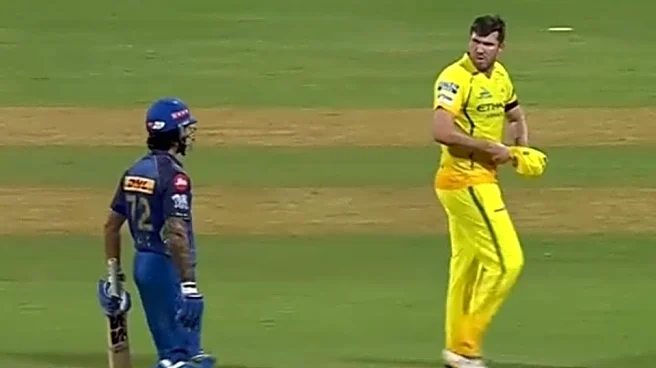 [WATCH] Tilak Varma, Jamie Overton involved in heated exchange during MI vs CSK match