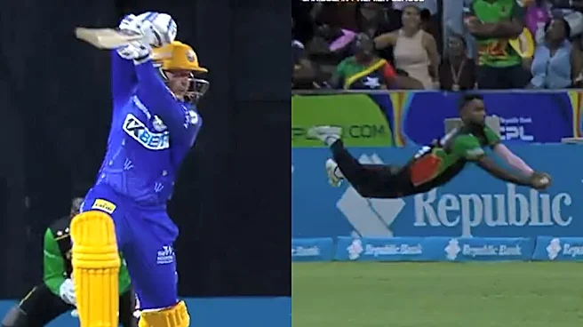 [WATCH] CPL 2026: Navin Bidaisee pulls off a stunning catch to end Quinton de Kock's hundred