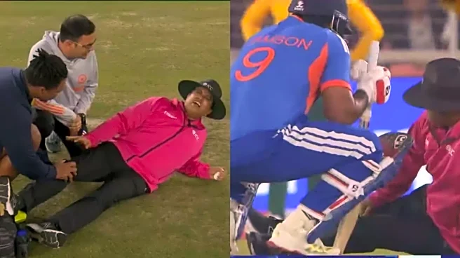 IND vs SA: Sanju Samson's Powerful Shot Injures Umpire Rohan Pandit as he goes down in Pain