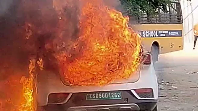 Electric Car Catches Fire Near Hyderabad's NTR Stadium, Firefighting Ops Underway