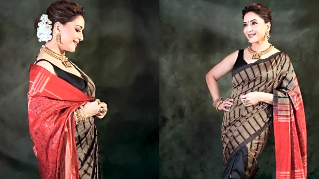 Madhuri Dixit Revives Heritage Elegance In A Mustard And Black Sonepuri Silk Saree