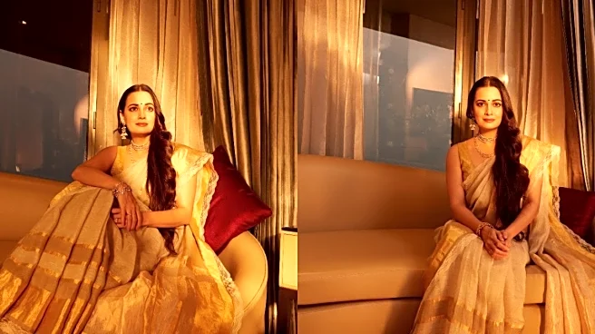 Dia Mirza In Anavila’s Ivory-Gold Saree Proves Linen Is Back In Focus