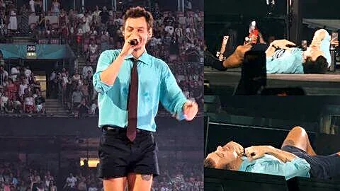 Styles collapses at Wembley after choking on water, finishes show