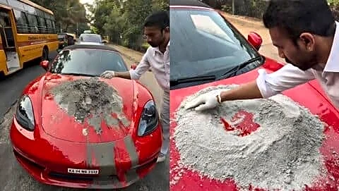 Akhil Hemadri mixes cement on Porsche to repair Bengaluru pothole