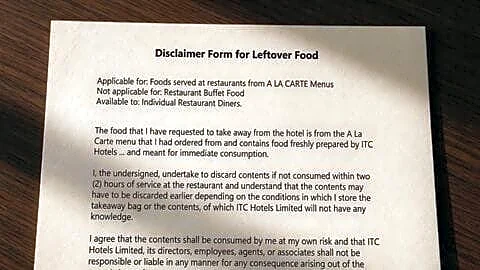 Mumbai's ITC Maratha requires diners sign 2-hour leftover disclaimer