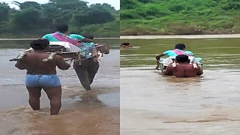 Telangana villagers carry 7 months pregnant Kodapa Rameshwari through floodwaters