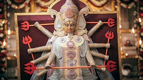 Sanjib Basak's 50,000-pin Durga idol highlights women's dignity and safety