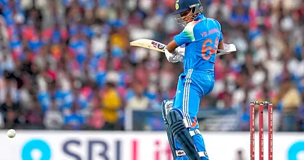 Yashasvi Jaiswal celebrates in delight after scoring maiden ODI hundred