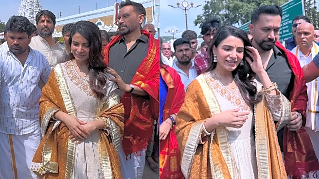 Raj Nidimoru Protects Samantha Ruth Prabhu Through Tirumala Crowds As Couple Offers Prayers Ahead Of Maa Inti Bangaram Release