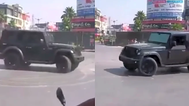 Tinted Windows & No Number Plate– Thar Performs Stunts Outside Police Outpost In UP