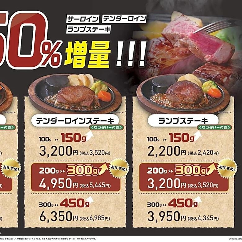 3種のお肉が50％増量に！「ステーキのあさくま」でお得な肉の日企画を7月25日・26日に開催。