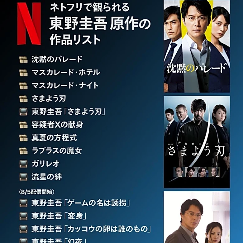 Netflixで配信している東野圭吾作品は？8月5日から新たに7作品が追加