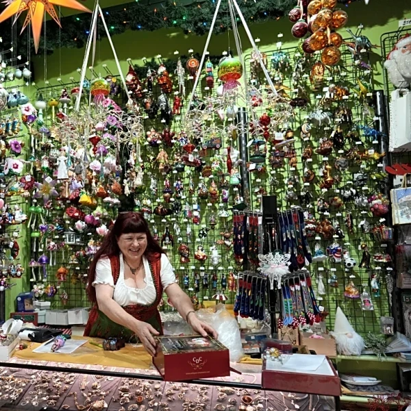 Holiday ornaments decorate life all year long in this Belgian shop