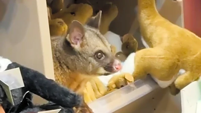 A real possum appears among plush toy animals in Australian airport gift shop