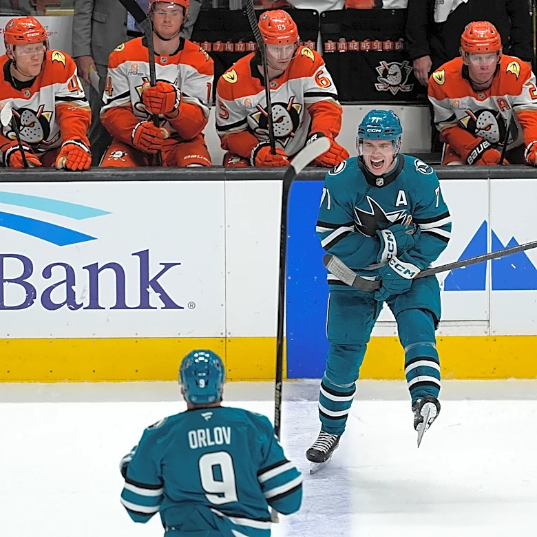 Celebrini ties it late then sets up Wennberg's winner as the Sharks beat the Ducks 4-3