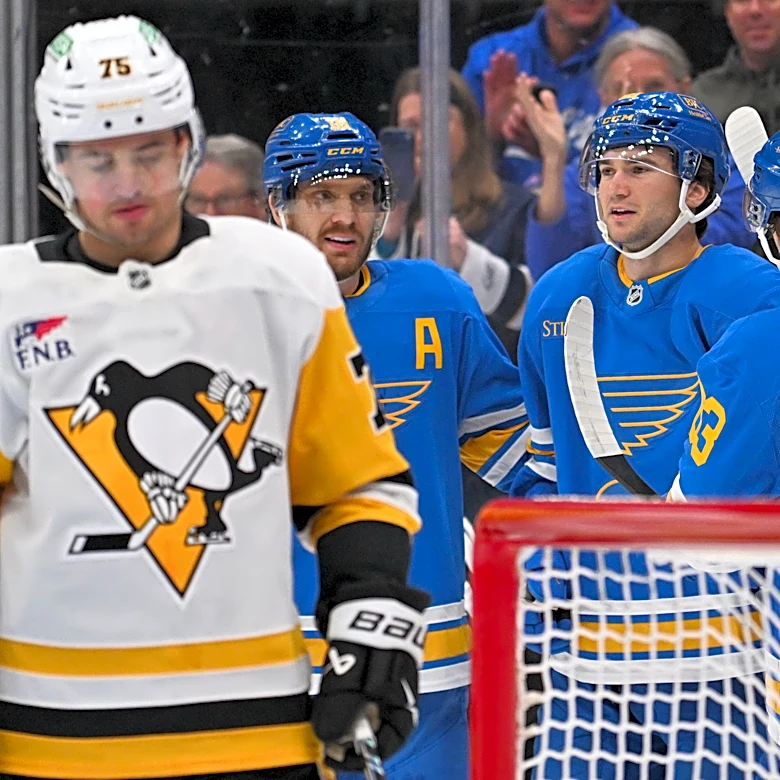 Jimmy Snuggerud scores twice, leads Blues back from 3-goal deficit to beat Penguins 7-5