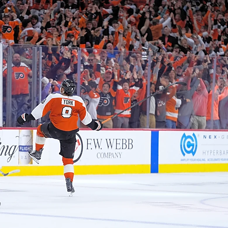 Cam do! Flyers are sky high after York scores OT winner, launches stick into stands and beat Pens