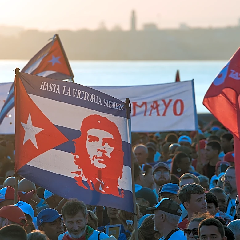 Cuba's electric and petroleum workers celebrate their colleagues during massive rally