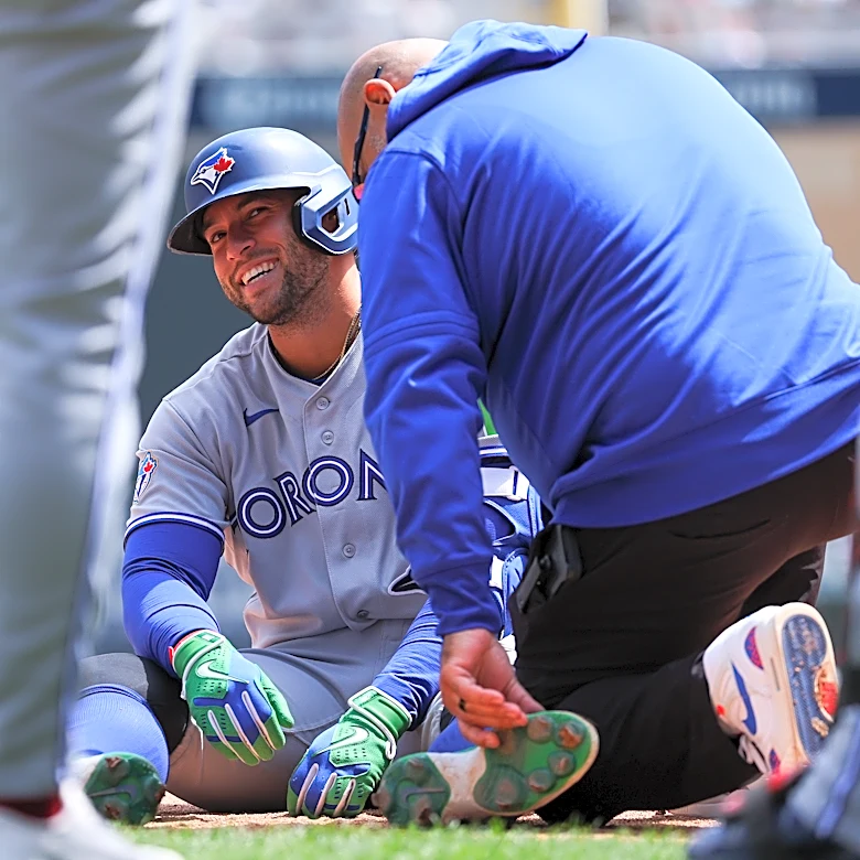 George Springer leaves Blue Jays game after being hit by pitch on left foot, but X-rays are negative