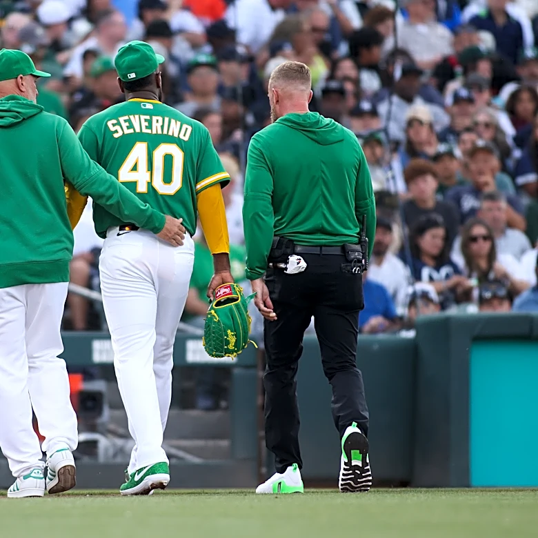 A's starter Luis Severino leaves after 1st inning against the Yankees with a right arm injury