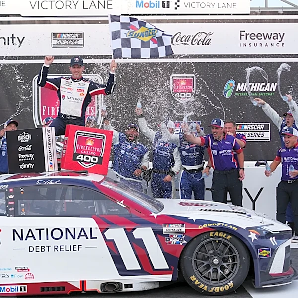 Denny Hamlin will start his three-peat bid from the pole at Pocono Raceway