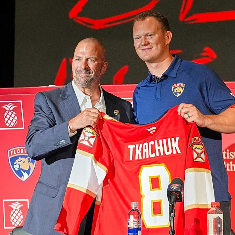 Brady Tkachuk introduced by Florida Panthers, discusses the trade to his brother's team