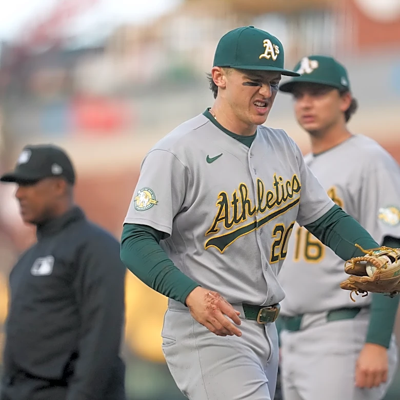 Athletics' Zack Gelof loses hit streak at 24 games after getting spiked on his right hand