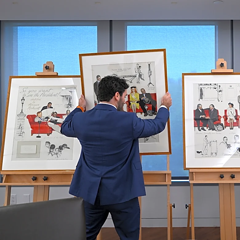 Norman Rockwell people-watched in the West Wing lobby. Now those sketches are on public display