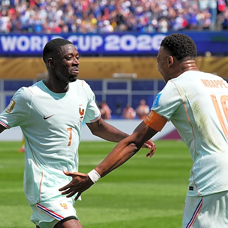 France forward Ousmane Dembélé scores a first-half World Cup hat trick against Norway