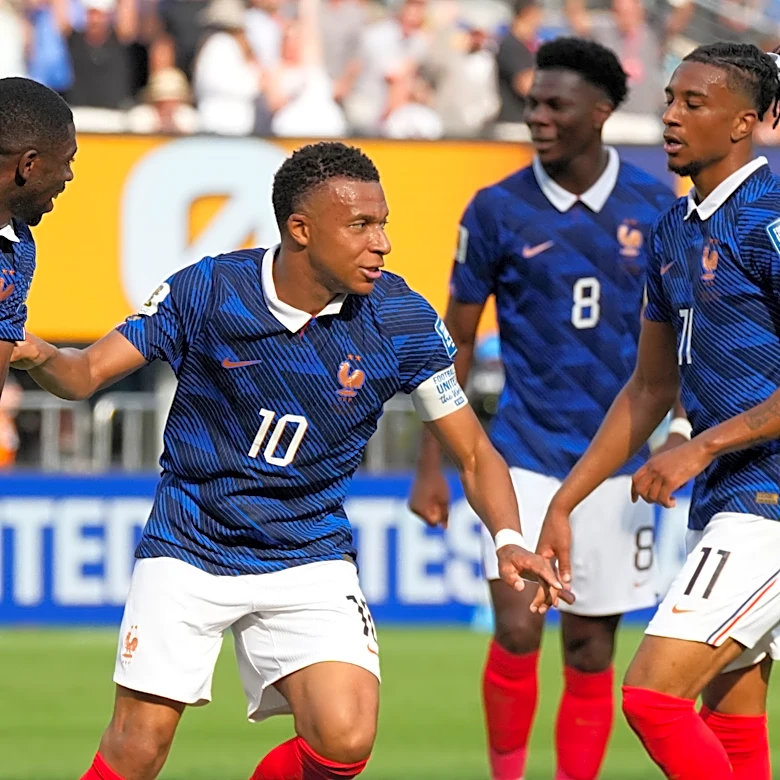 France forward Kylian Mbappé scores his 17th and 18th World Cup goals, one back of Lionel Messi