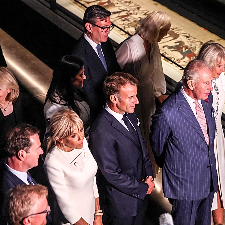 Macron and King Charles III hail their nations' ties as they view the Bayeux Tapestry in London