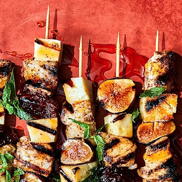 When lunch is the main event, here's a 'Greek Out' take on halibut and halloumi skewers