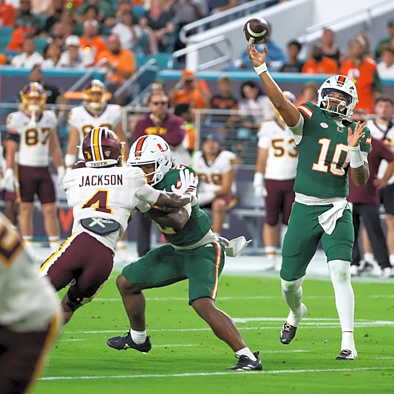 Mensah throws for 338 yards and 3 TDs, No. 6 Miami rolls past Central Michigan 52-3
