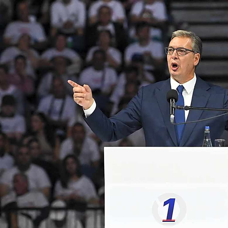 Thousands pack arena in Belgrade as Serbia's leader Vucic launches prime minister bid