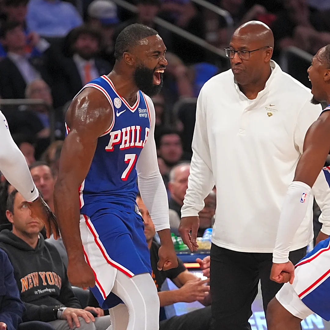 76ers win opening game with LeBron James and Jaylen Brown, beating NBA champion Knicks 106-100