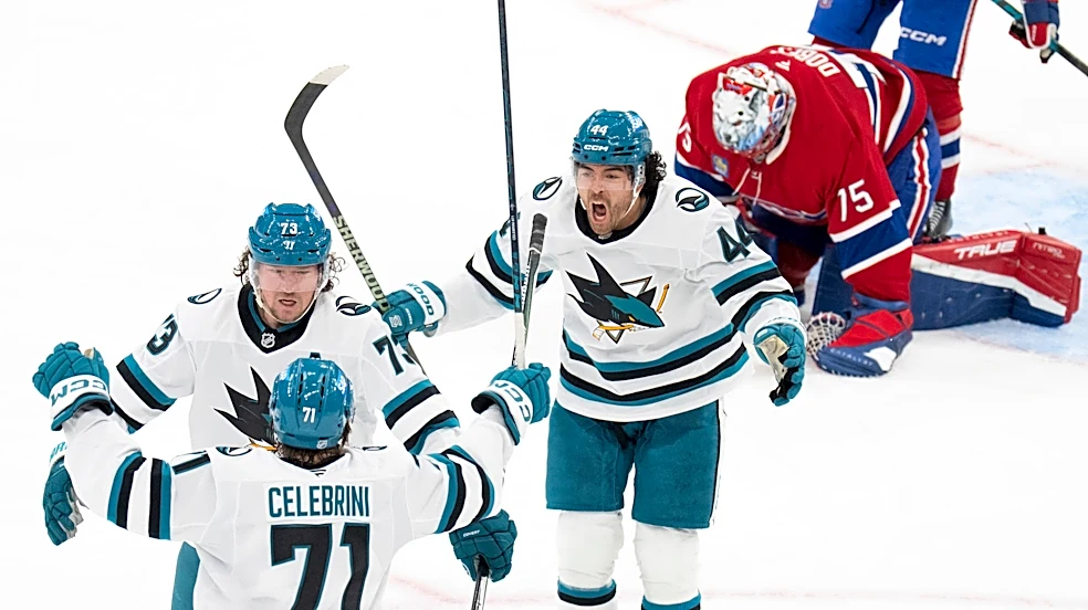 Celebrini scores his 2nd goal of the game on an OT power play to lift the Sharks past the Canadiens