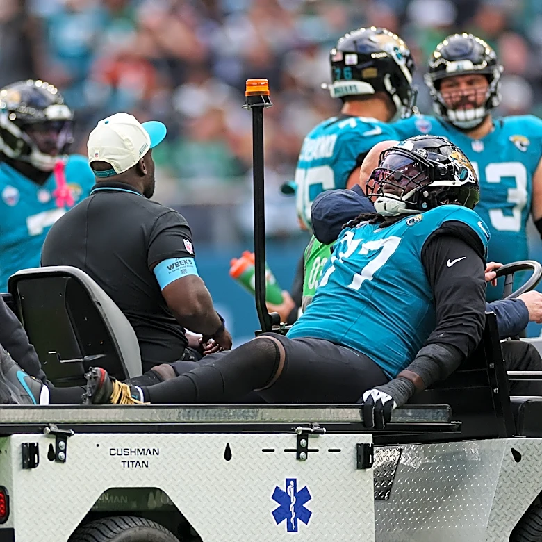 Jaguars left tackle Anton Harrison is out for the season with a torn knee ligament