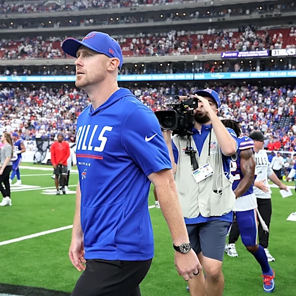 Bills, Joe Brady celebrations walking off field at Reliant Stadium after Texans win