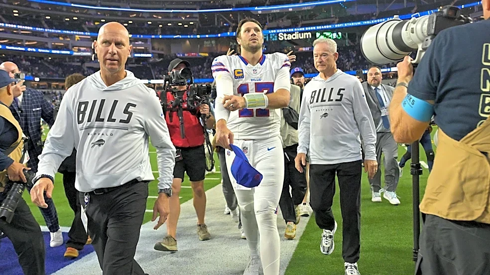 Bills celebrate walking off field after win at Allegiant Stadium vs. Raiders
