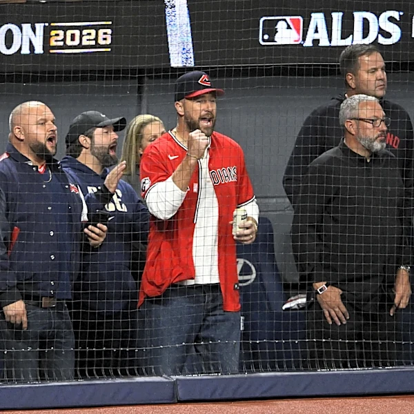 Chiefs TE Travis Kelce celebrates the Cleveland Guardians ALDS victory