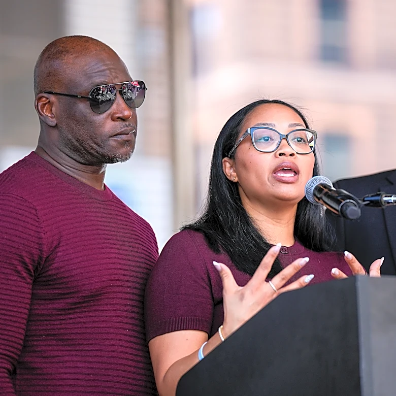 Nolan Wells' parents speak at Omega Psi Phi rally at Fountain Square