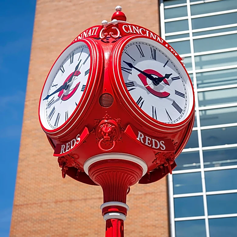 Joey Votto visits clock he gifted Reds at Crosley Terrace outside GABP