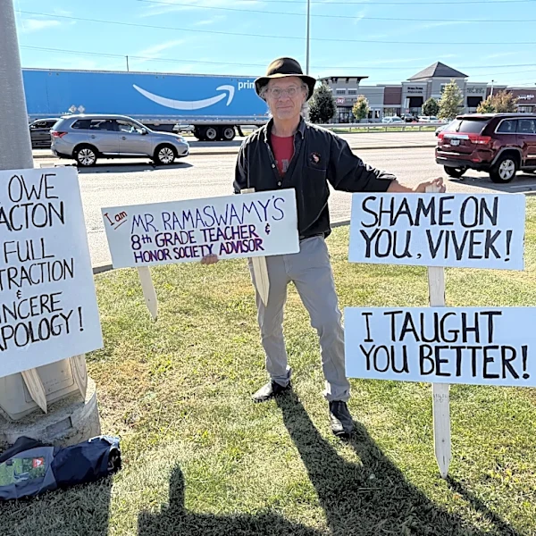 Vivek Ramaswamy's 'disappointed' ex-teacher protests at campaign event