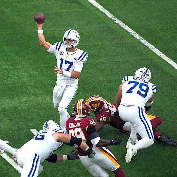 WATCH: Commanders' Odafe Oweh strip sacks Daniel Jones on second play of game