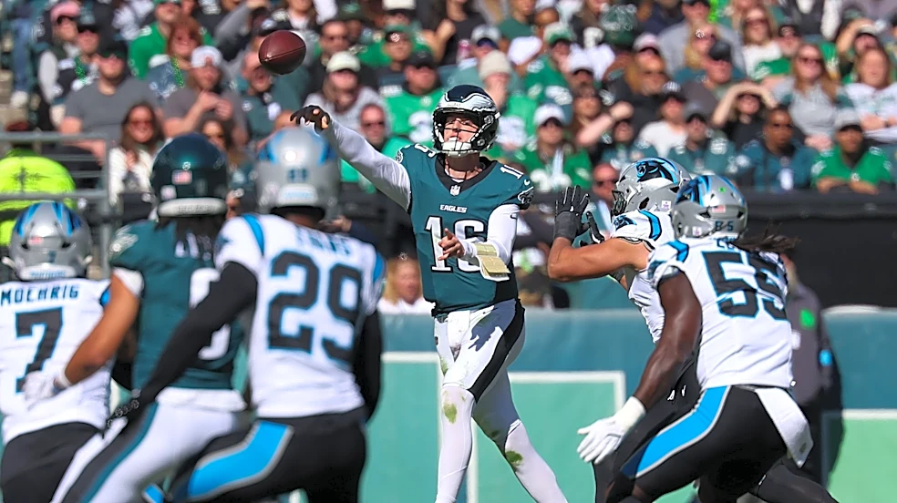 Eagles trail Panthers 10-7 as Tanner McKee sparks late TD drive