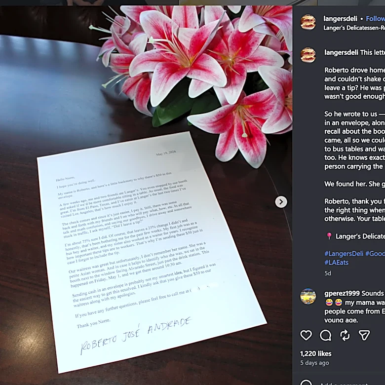 El Paso man goes viral after mailing $50 tip to LA restaurant