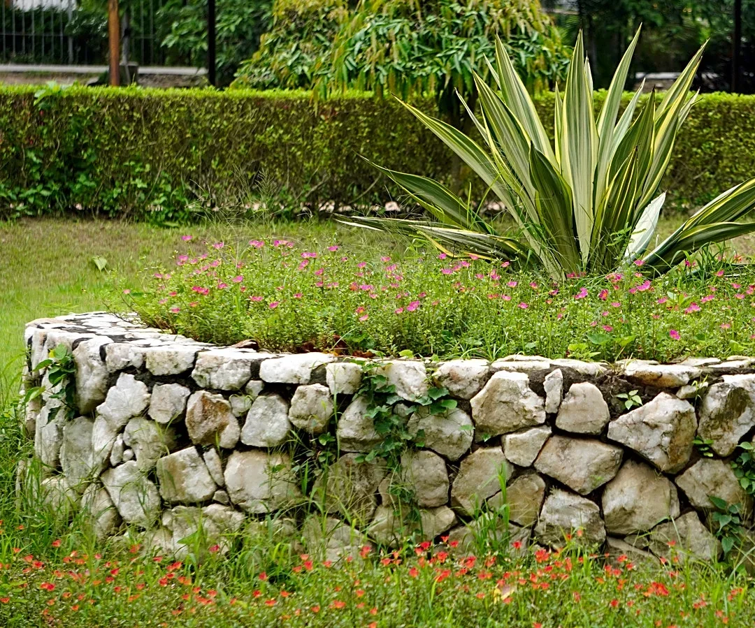 She Uses Mortar To Transform Rocks In Her Backyard Into A Rustic DIY Garden Bed